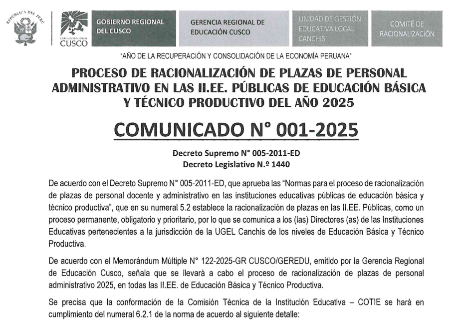 Comunicado N° 01 -2025 - PROCESO DE RACIONALIZACIÓN DE PLAZAS DE PERSONAL ADMINISTRATIVO EN LAS II.EE. PÚBLICAS DE EDUCACIÓN BÁSICA V TÉCNICO PRODUCTIVO DEL AÑO 2025
